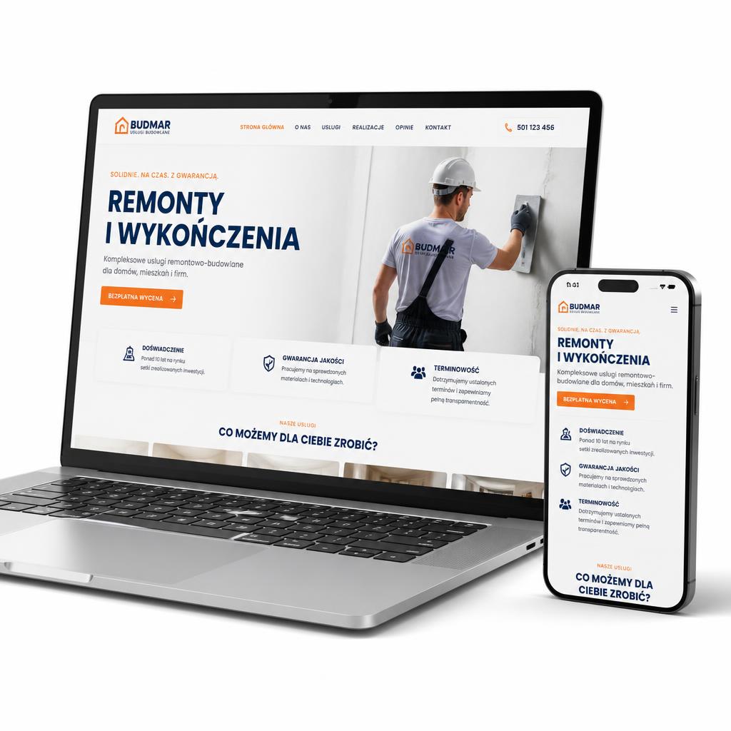 Nowoczesna strona internetowa wykonawcy prezentowana na laptopie i telefonie